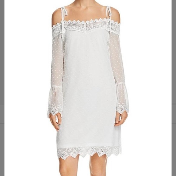 🆕 AQUA White Sheer Swiss Dot Long-Sleeve Off-Shoulder Dress in Ivory - Picture 1 of 7